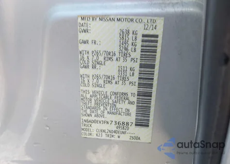 2015 Nissan Frontier Sv z USA, uszkodzony, nr VIN 1N6AD0EV3FN736887